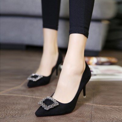 Europe and the United States in the spring with fine points, women's shoes, shoes, diamond, square buckle, high-heeled shoes, red wedding shoes, black shoes
