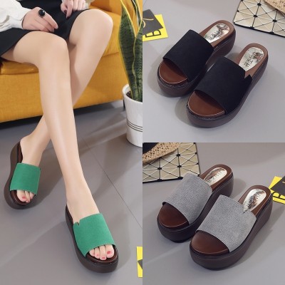 The Korean version of thick bottom slope with female summer wear slippers are frosted leather sandals a muffin bottom increased slippers