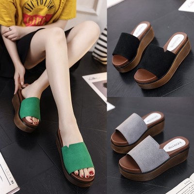 Korean summer thick bottom slope with slippers Ms. Nubuck Leather Sandals increased a muffin bottom flip flops soft bottom