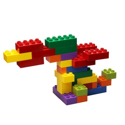 A large chunk of classic bricks and pieces of plastic is a child puzzle toy