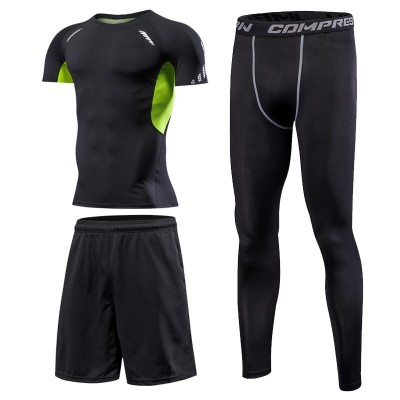 Fitness suit, men's suit, quick drying, short sleeved T-shirt, sports tights, basketball, running training clothes, summer three sets