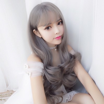 Wig, long hair, round face, pear head, Korean Air bangs, fluffy, natural and realistic, long hair, big wave, headgear