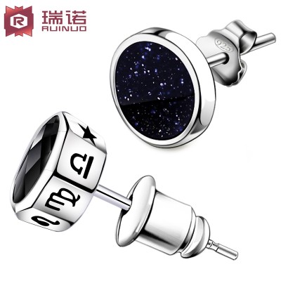 925 silver earrings men refused to allergy 】 【 stud earrings Single character of male and female han edition round black earrings