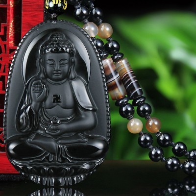 Light Obsidian natal Buddha Amulet Necklace Pendant Buddha beads evil male twelve zodiac Guardian goddess