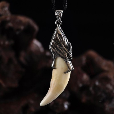 Sterling Silver Pendant Necklace Set with the male and female dog tooth teeth with gold jewelry Tibetan Amulet