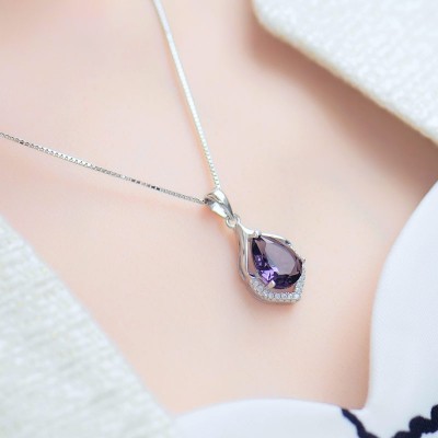 925 silver necklace, female crystal, short pendant, collarbone chain, jewelry, soft purple