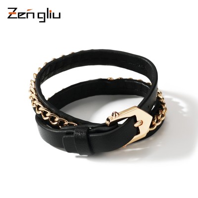 Korean belt multi layer bracelet, women's simple chain, leather rope, lovers' first jewelry, fashion punk, Black Bracelet