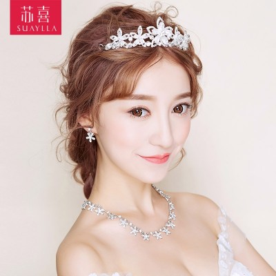 The bride headdress three piece Korean crown necklace Wedding Dress Suit Wedding Hair Accessories Jewelry