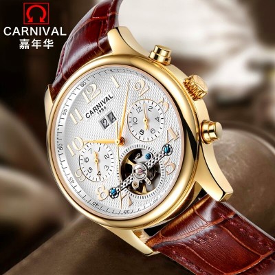 Carnival men watches automatic mechanical watch fashion business belt waterproof the tourbillon hollow out men's watch