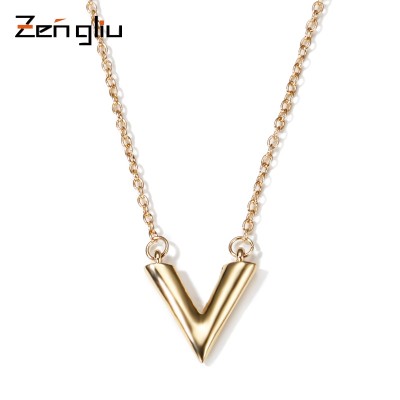 South Korea V type short chain necklace female clavicle alphabet Pendant 18K rose gold plated necklace all-match Korea