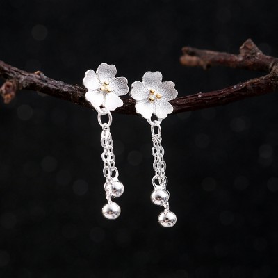 925 silver South Korea fringed flowers earring stud earrings female temperament long contracted eardrop sexy lady pendant restoring ancient ways