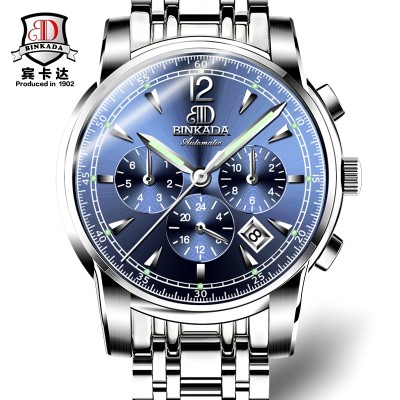 Binkada Authentic watch men automatic mechanical watch waterproof steel with hollow out fashion wrist watch luminous male table