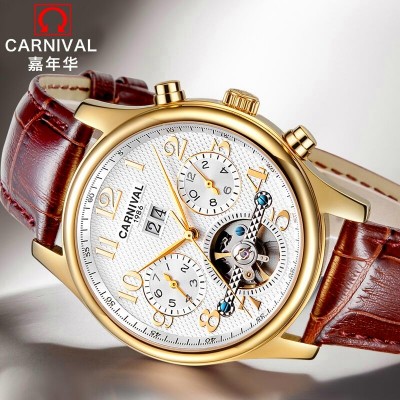 Carnival Men's fashion mechanical watch male skin with hollow out automatic waterproof the tourbillon wristwatch