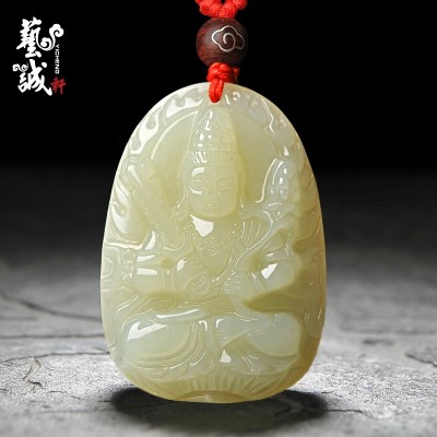 Hetian jade this life fo medallion pendant men's and women's patron saint zodiac big Buddha bodhisattva samantabhadra vanity hide