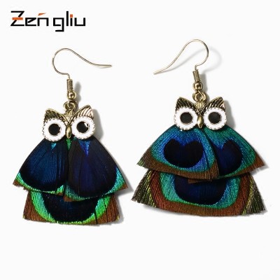 Restore ancient ways the owl earrings Female temperament South Korea long feather earrings eardrop personality exaggeration in Europe and the elves