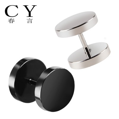 【 】 han edition men's fashion titanium steel stud earrings Single character ICONS round black earrings adorn article