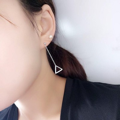 Tremella 925 women South Korea fashion personality long triangle pendant asymmetric zircon earrings earrings