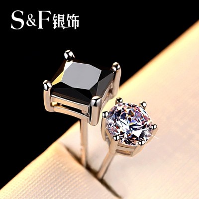 Allergy free silver earring female south Korean personality asymmetric square black zircon tide men's singles only 99 fine silver earrings