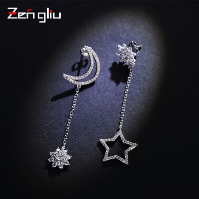 925 silver, South Korea fashion stars eardrop moon asymmetric stud earrings Female temperament of long tassel earrings adorn article