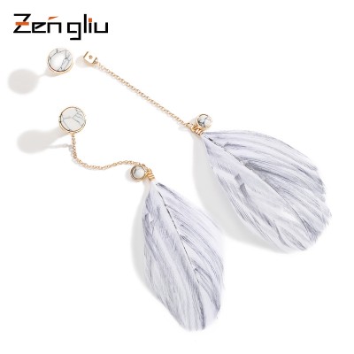Personality exaggerated long feather earrings Female temperament of South Korea long eardrop tide restoring ancient ways human ear chain contracted earrings
