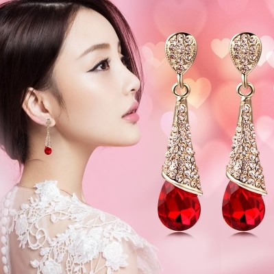 Han edition South Korea fashion jewelry stud earrings earrings female long blue and red crystal eardrop bride