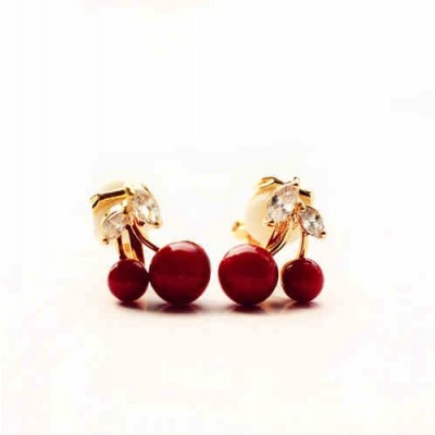 Silver needle Korean jewelry flash zirconium redstone pearl cherry soft mat no ear pierced ear clip earrings with female earrings 0071