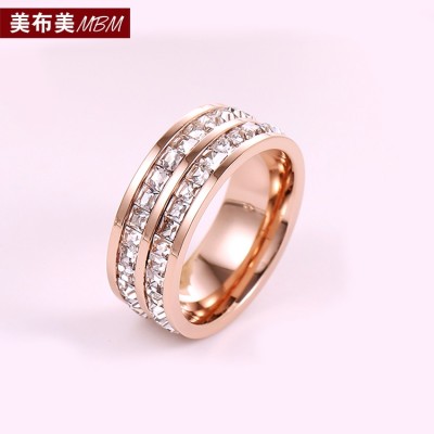 South Korea adorn article 18 k rose gold plated double row full drill han edition fashion female ring titanium steel can index finger ring