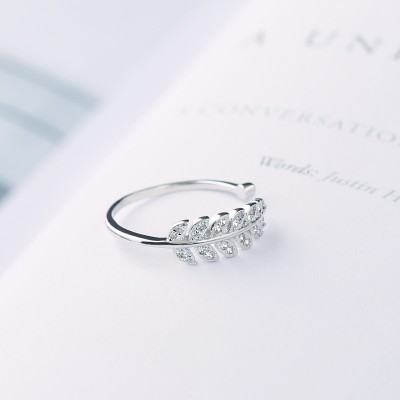 Twinstyle925 silver leaf ring female open small tail ring hipster index finger joints zircon students, South Korea