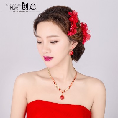 Van gogh bride headdress necklaces earrings three dresses red Korean hair comb clip hair wedding jewelry accessories