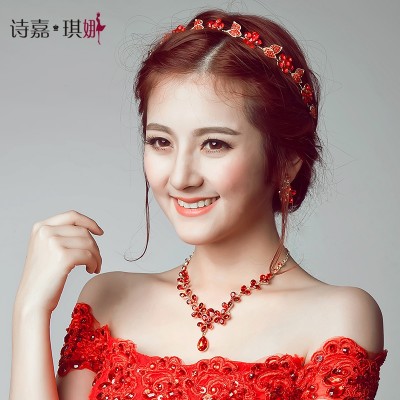 Jia qi's poem the bride headdress red necklace earrings three suits wedding accessories wedding headdress flower jewelry, hair accessories