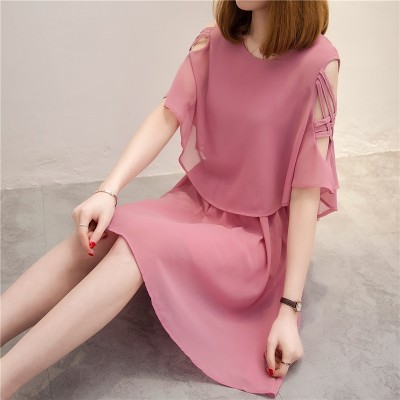 Chiffon dress in the long section of the spring  new Korean slim waisted A-line skirt Strapless short sleeved summer A female