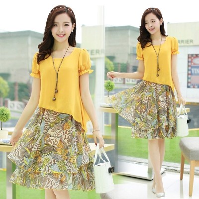 Large size women loose fat mm add fertilizer increased fat short sleeved Chiffon Dress sister in the long summer holiday two pieces