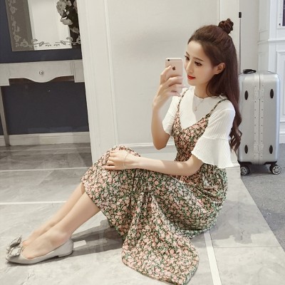 YEZKI summer  new Korean women slim two Suit Dress Chiffon floral dress female