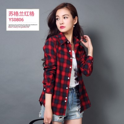 Cotton long sleeved Plaid Shirt female Korean spring leisure self-cultivation shirt size student shirt coat sanding