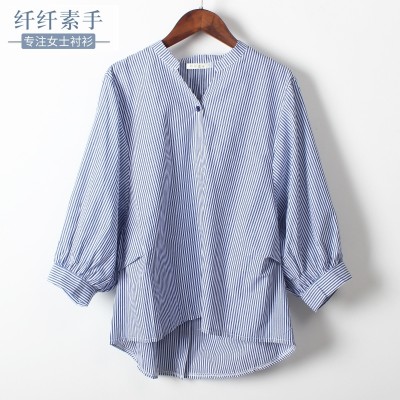  summer new Korean BF wind blouse collar back button seven bat sleeve sleeve vertical striped shirt