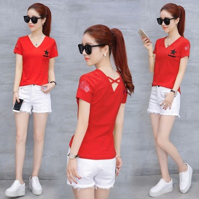 Female T-shirt bottoming shirt collar V short sleeved summer  new women's clothes summer stripe gauze Strapless.