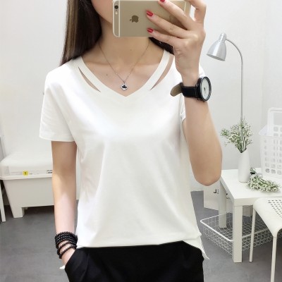 Short sleeved t-shirt female  summer new Korean students all-match loose half sleeve solid color shirt V collar Korean fan clothes