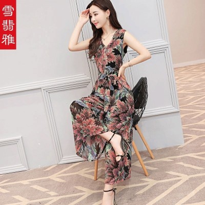 Chiffon wide leg pants female summer  new Korean Jumpsuit skirt waist slim slim suit pants Siamese