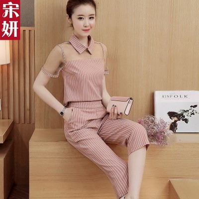 Summer, new Chiffon pants, women's broad leg pants, nine point pants, Korean version of thin stripes, underwear, women's clothing set tide