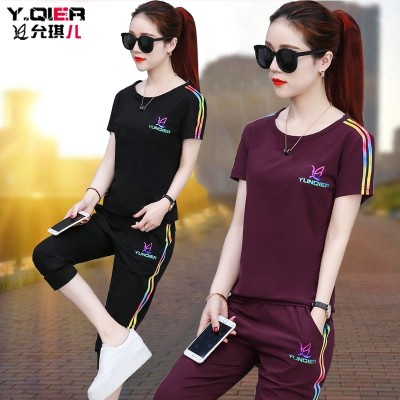  summer fat mm casual sports outfit, women's large size, women's short sleeve, seven point pants, running clothes two sets
