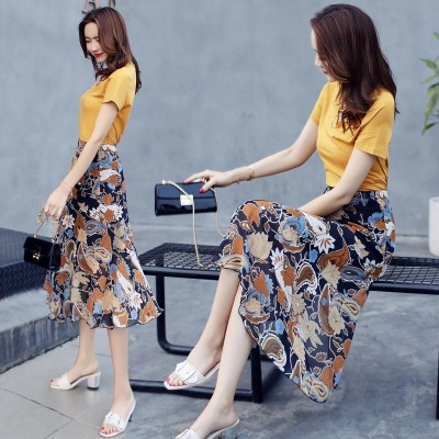 Female floral dress fashion dress Zhongchang summer thin short sleeved temperament two suit skirt  NEW