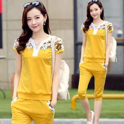 Sports suit, women's  summer new short sleeve, seven point pants, big size women's dress, fat sister, casual clothes two sets