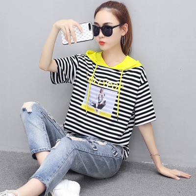  new summer dress stitching striped hooded T-shirt printing head all-match Fashion Institute wind sweater