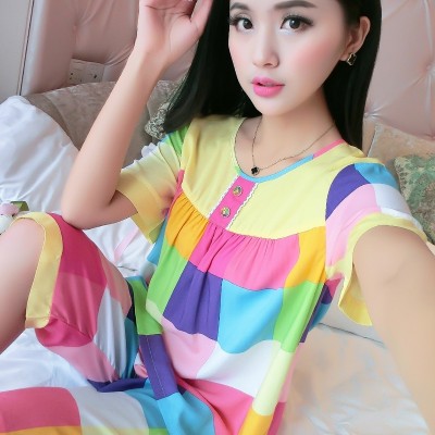 New spring and summer, short sleeves, thin cotton, silk pajamas, women's neck, loose and lovely, printed two suits, home clothes, women