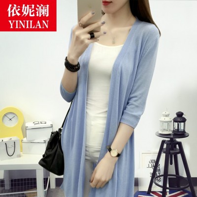The new summer ennear thin cardigan female take seven sleeve sweater in the long hollow size loose coat