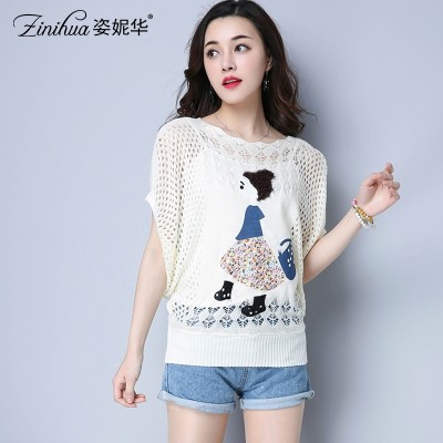 The new spring and summer  Pullover Sweater female all-match hollow bat sleeve jacket sweater cartoon air tide