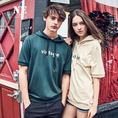 The summer half drow Korean couples dress sleeve loose hooded short sleeved T-shirt male British Hoodie sweater tide brand