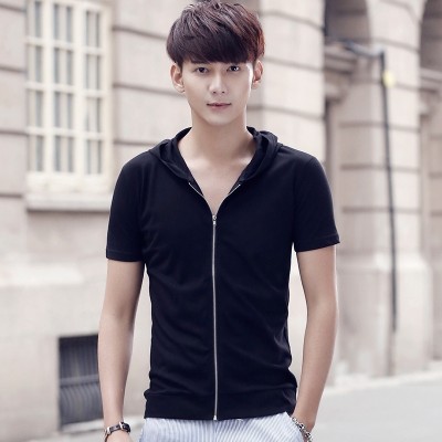 Summer wear short sleeved T-shirt male hooded cotton color simple clothes slim half sleeve zipper cardigan casual tide