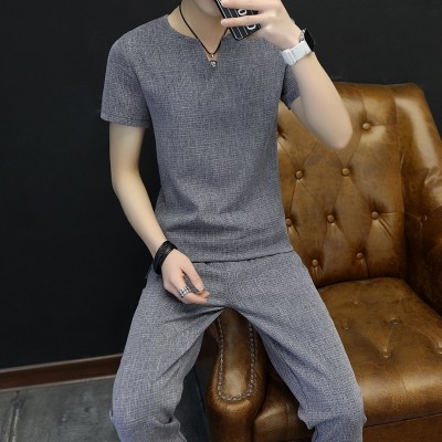 V neck short sleeve T-shirt male summer thin pants nine solid summer casual sportswear men's dress tide