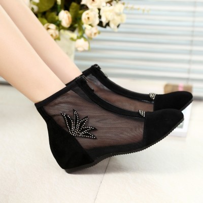 Spring and summer leather boots shoes shoes female flat with gauze net boots size hollow boots size small mom shoes